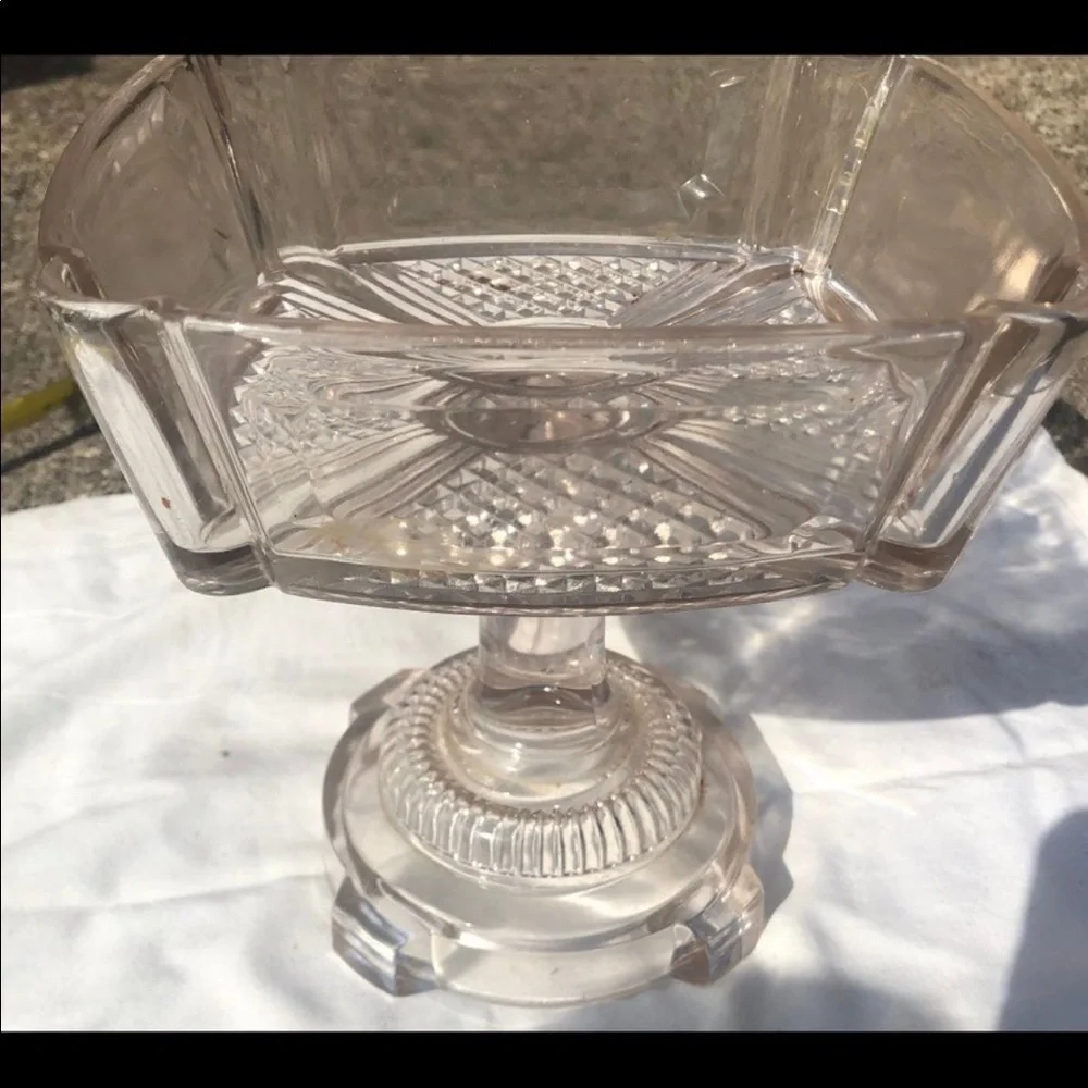 Antique Adams and Co Etched Square Glass Compote with Lid